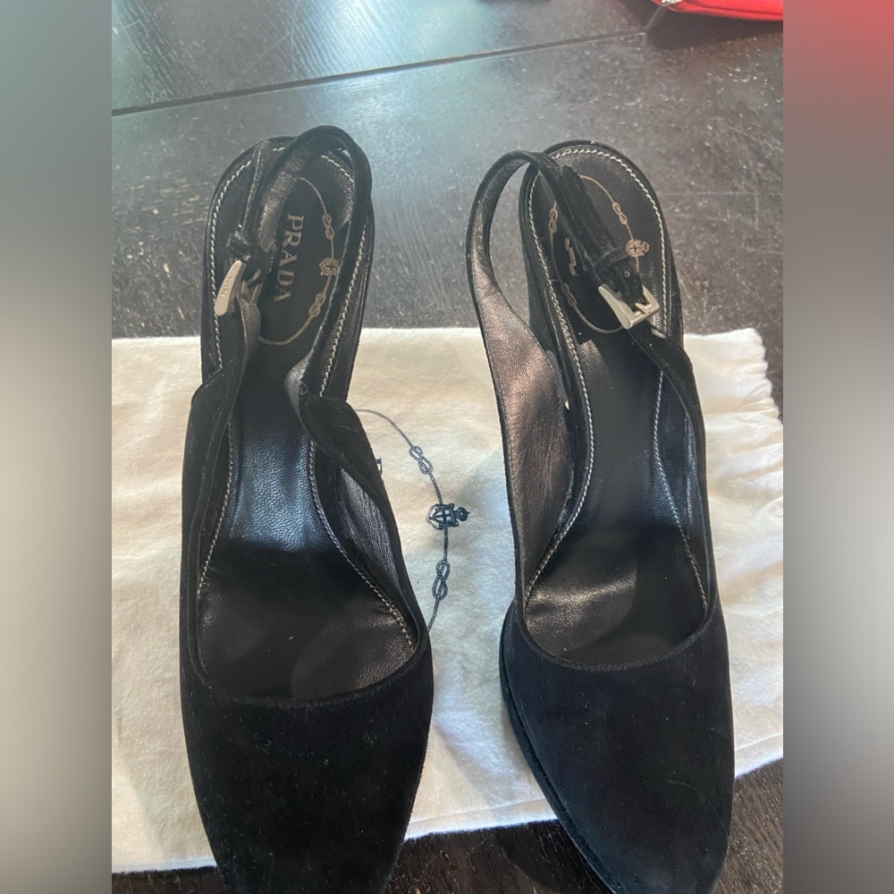 Prada black suede platform heels